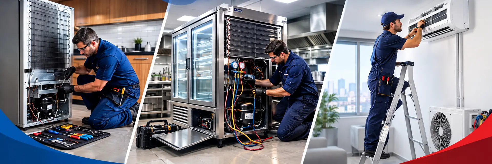 Técnicos da Arconfrio consertando geladeira, expositor refrigerado e ar-condicionado