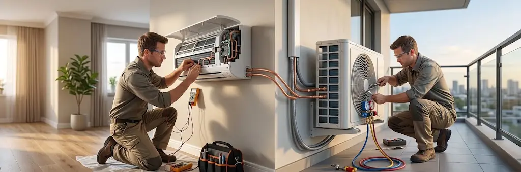 Técnicos consertando ar-condicionado split nas unidades interna e externa