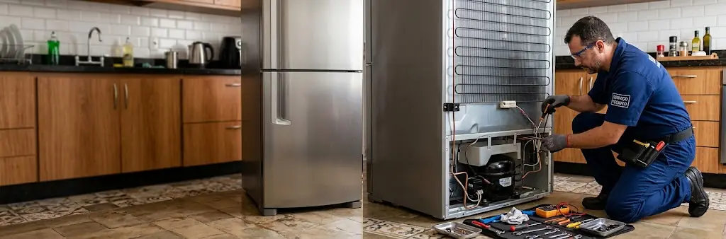 Técnico consertando a parte traseira de uma geladeira inox em cozinha