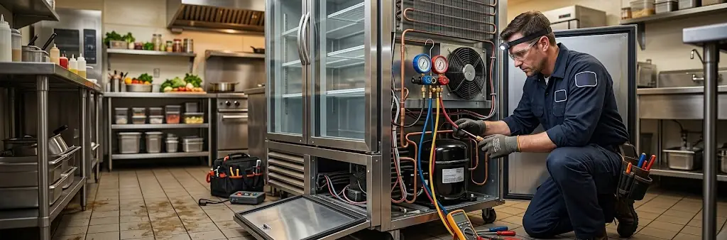 Técnico fazendo manutenção em refrigerador comercial de cozinha industrial
